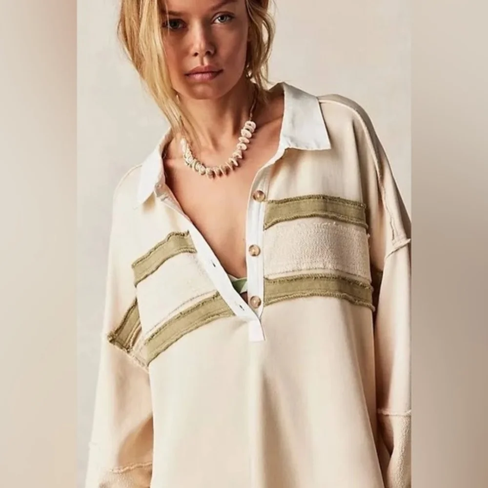 Free People Blair Oversized Sweatshirt Dress Oatmeal Combo Boho Large Lounge - Picture 7 of 15